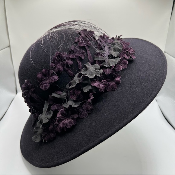 Vintage Mr.John Classic Deep Purple Church, Derby Hat with Floral and Feathers main image 9